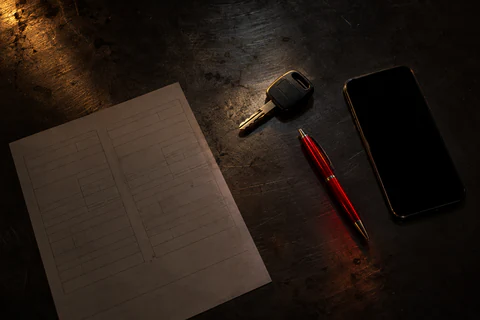 Illustration — constat vierge, clé de voiture, téléphone et stylo rouge posés sur un plan de travail.