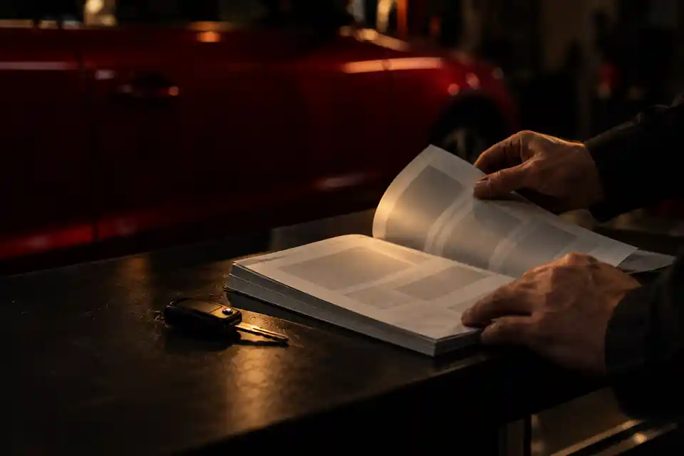 Illustration — mains qui feuillettent un livret posé sur un comptoir, clé de voiture à côté, voiture rouge derrière.