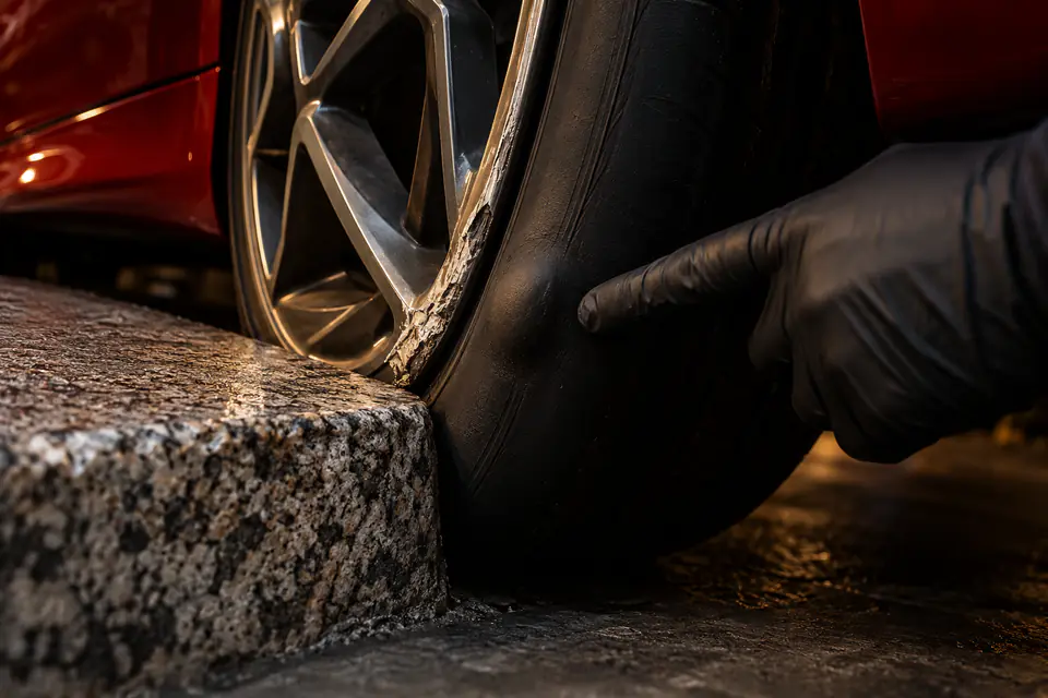 Illustration — une main gantée de noir montre une bosse sur le flanc d’un pneu, contre une bordure de trottoir en granit ; le rebord de la jante en alliage est écorché, l’aile rouge de la voiture au-dessus.
