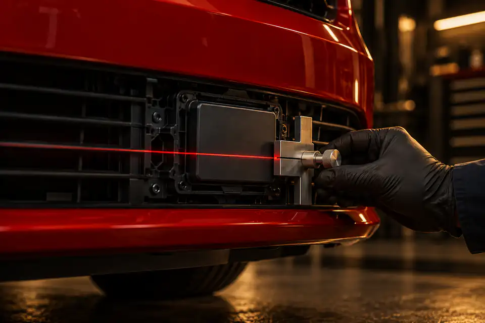 Illustration — module radar logé dans le pare-chocs avant d’une voiture rouge, une main gantée l’aligne avec un outil à faisceau laser.
