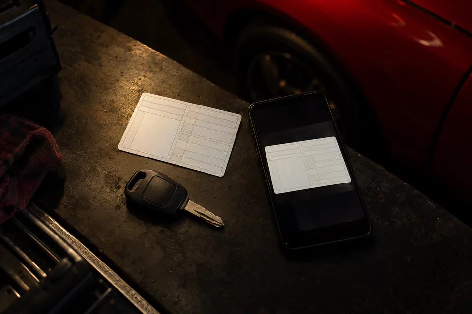 Illustration — vue d’en haut d’une carte vierge, d’un téléphone et d’une clé de voiture posés sur un plan de travail, voiture rouge à côté.