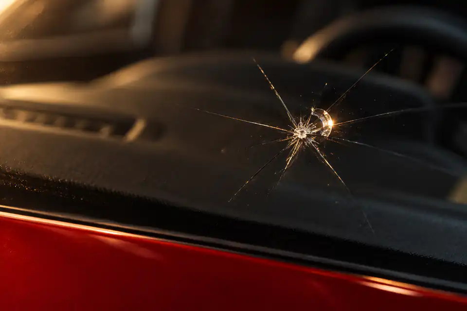 Illustration — impact en étoile sur le pare-brise d’une voiture rouge, fissures fines autour du point de choc.