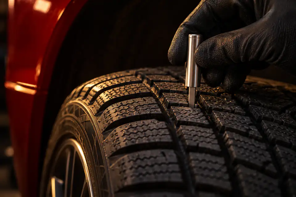 Illustration — une main gantée enfonce une jauge de profondeur dans la sculpture d’un pneu d’hiver, sous l’aile d’une voiture rouge.