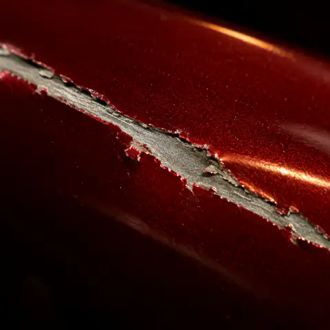 Illustration — longue rayure ayant arraché la peinture sur une carrosserie rouge.