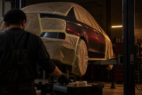 Illustration — voiture masquée sur un pont élévateur, carrossier ganté vu de dos dans l’atelier.