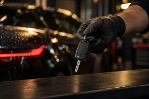 Illustration — main gantée tendant une clé de voiture au-dessus d’un comptoir, véhicule lavé derrière.