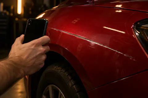 Illustration — une main photographie au téléphone une rayure sur l’aile rouge d’une voiture.