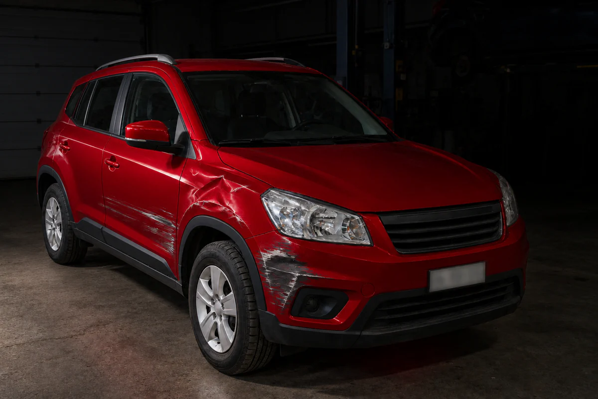 Illustration : un SUV rouge, l’aile avant enfoncée, le coin du bouclier avant éraflé et le bas de la portière avant rayé. À droite du filet de lumière, la même voiture réparée.