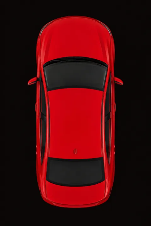 Illustration — vue du dessus d’une berline rouge, panneaux de carrosserie distincts, sur fond uni.